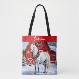 Bolsa Tote Um Cavalo Branco Festivo e o Natal do Barno de inv