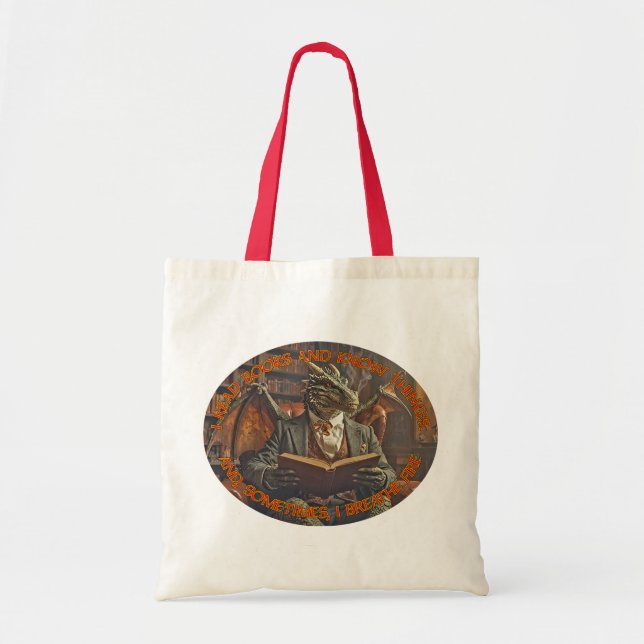Bolsa Tote Um dragão lendo para aprender e se divertir. (Frente)