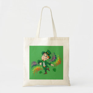 Bolsa Tote Um duende dançante bonito e feliz, um arco-íris