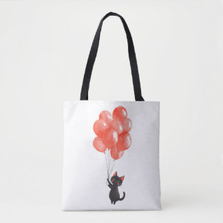 Bolsa Tote Um gatinho preto bonito segura balões vermelhos