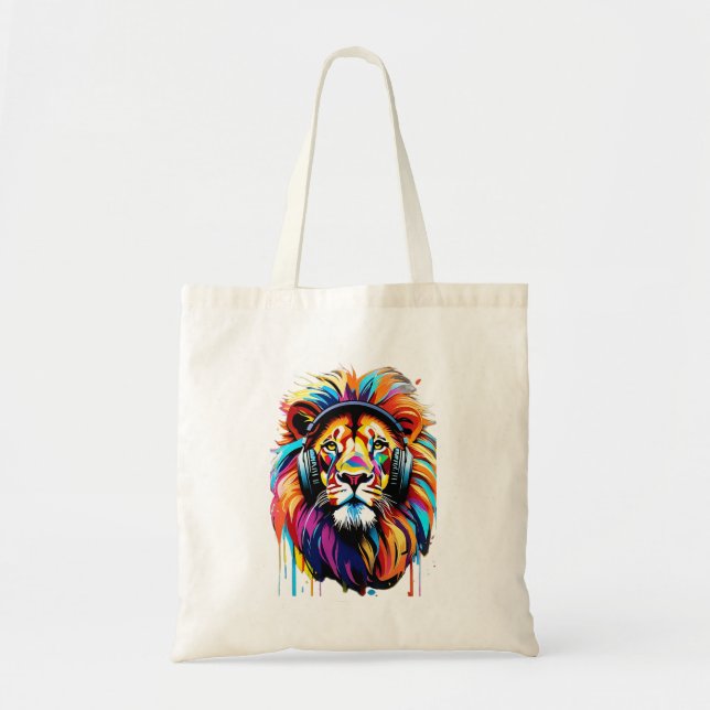 Bolsa Tote Um leão em fones de ouvido (Frente)