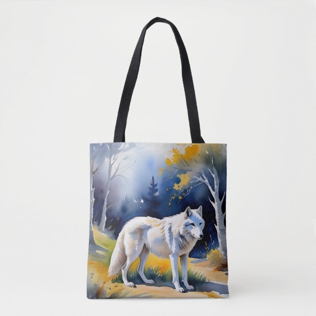 Bolsa Tote Um lobo numa pintura de aquarela florestal (Frente)