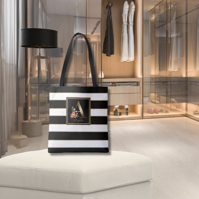 Bolsa Tote Um Monograma Floral Dourado | Listras Pretas Branc (Criador carregado)