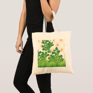 Bolsa Tote Um padrão artístico verde e dourado representando 