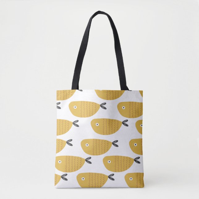 Bolsa Tote Um padrão infantil perfeito com peixes engraçados. (Frente)