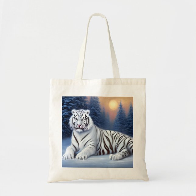 Bolsa Tote Um tigre branco sentado na neve (Frente)