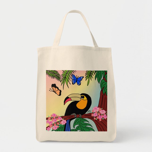 Bolsa Tote Um tucano tropical e borboletas (Frente)