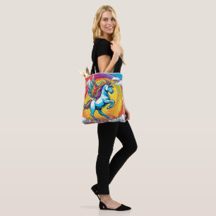 Bolsa Tote Um Unicórnio voando com arco-íris