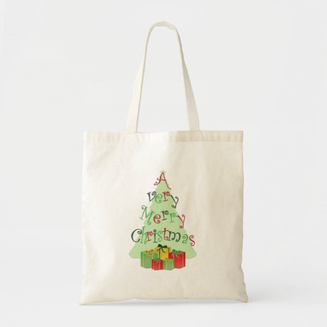 Bolsa Tote Uma árvore de Natal e presentes muito alegres (Frente)