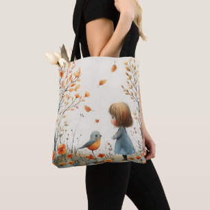 Bolsa Tote Uma Pintura Em Aquarela De Menina E Pássaro