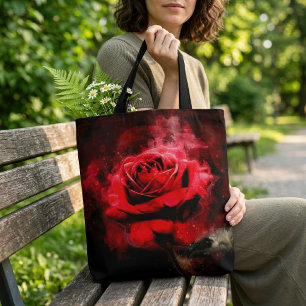 Bolsa Tote Uma Rosa Vermelha Aquarela em Fundo Preto