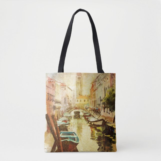 Bolsa Tote Uma vista do canal com barcos e construções (Frente)