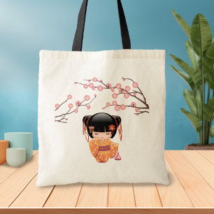 Bolsa Tote Ume Kokeshi Doll - Japonesa Peach Geisha Girl 3