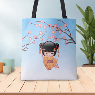 Bolsa Tote Ume Kokeshi Doll - Japonesa Plum Geisha Girl Blue