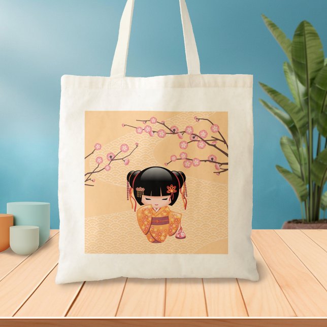 Bolsa Tote Ume Kokeshi Doll - Rapariga Peach Geisha Japonesa (Criador carregado)