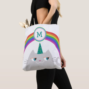 Bolsa Tote Unicorn Cat e Rainbow Inicial