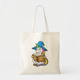 Bolsa Tote Unicorn como assistente com livro e chapéu