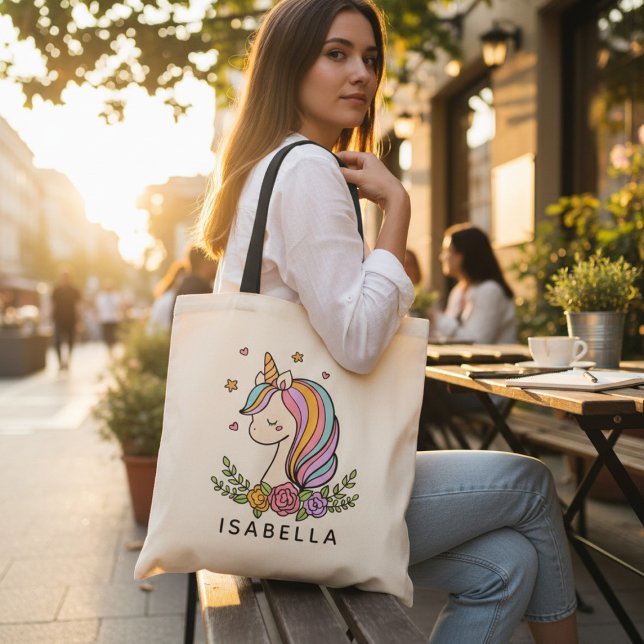 Bolsa Tote Unicorn Cute Whimsical Girly Personalised Name (Criador carregado)