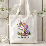 Bolsa Tote Unicorn Cute Whimsical Girly Personalised Name<br><div class="desc">Tote Bag Floral Personalizada Tote Bag, Cor de Rosa Cinza Branca, Unicórica, Cute Whimsical Girly, apresenta um unicórnio fofo com estrelas, corações e flores. Perfeito para voltar à escola, bolsas de livros para meninas, presentes e favores de festa de aniversário, presentes de Natal personalizados para meninas e muito mais. Elaborado...</div>