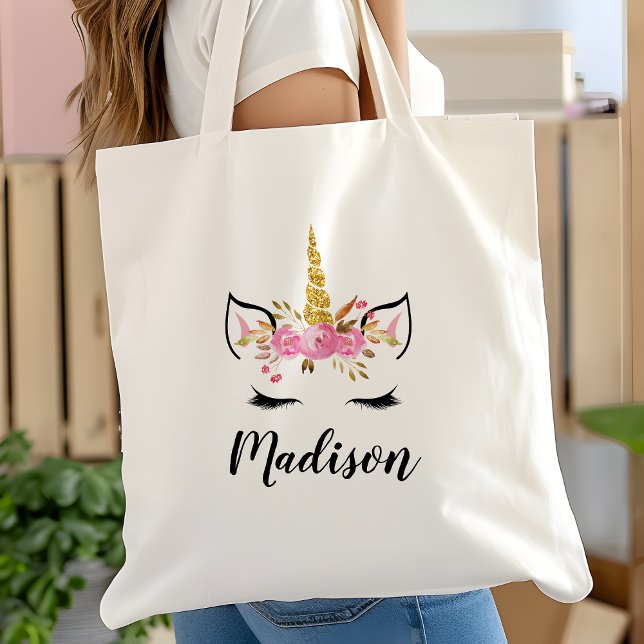 Bolsa Tote Unicorn Face com Eyelashes Nome Personalizado (Criador carregado)