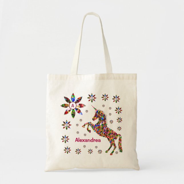 Bolsa Tote Unicorn Fantasy Flowers Glitter Personalize (Frente)