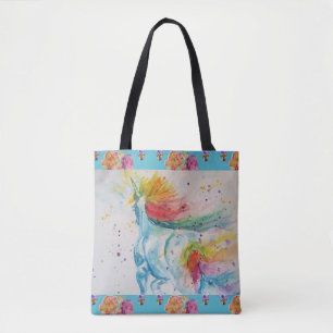 Bolsa Tote Unicorn Watercolor Rainbow Teal Rosas Arte Floral
