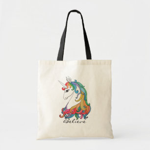 Bolsa Tote Unicórnio bonito do arco-íris da aguarela