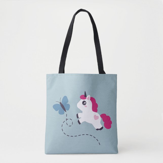 Bolsa Tote Unicórnio Branco Bonito com Borboleta (Frente)