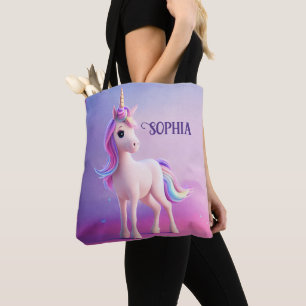 Bolsa Tote Unicórnio Branco Bonito Com Mano Rosa E Azul
