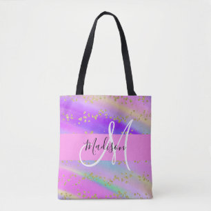 Bolsa Tote Unicórnio Colorido Arco-íris Dourado Glitter Monog