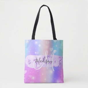 Bolsa Tote Unicórnio Colorido Coração Arco-Íris Monograma Fem