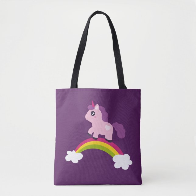 Bolsa Tote Unicórnio Cor-de-Rosa Bonito num Arco-Íris (Frente)