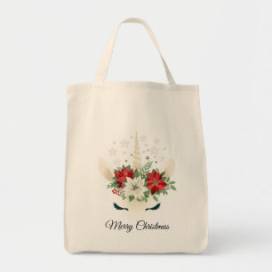 Bolsa Tote Unicórnio de Natal Floral   Feliz Natal