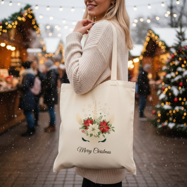 Bolsa Tote Unicórnio de Natal Floral | Feliz Natal (Criador carregado)