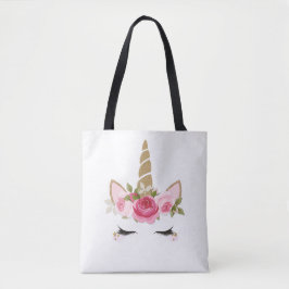 Bolsa Tote Unicórnio Dourado Floral Rosa Fofa na M