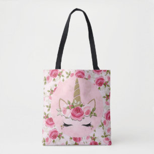 Bolsa Tote Unicórnio Dourado Rosa Floral Rose Fofa Na Moda