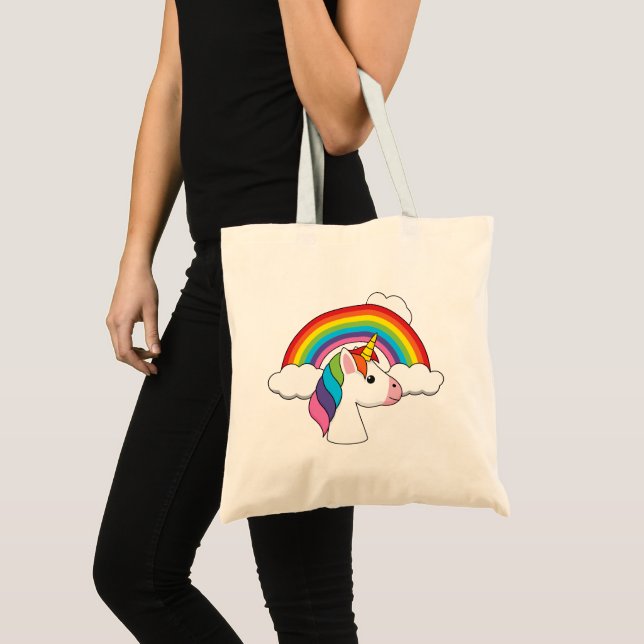 Bolsa Tote Unicórnio e Arco-íris com Nuvens Kawaii (Frente (produto))