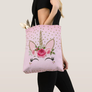 Bolsa Tote Unicórnio Fashion Glitter Dourado & Floral Rosa