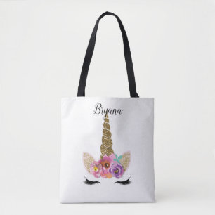 Bolsa Tote Unicórnio Floral Brilho Dourado Meninas Glamour