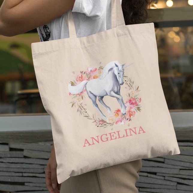 Bolsa Tote Unicórnio Floral Personalizado de Aquarela (Criador carregado)
