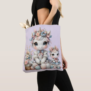 Bolsa Tote Unicórnio Kawaii Pastel Dupla Mãe e Filha Lavanda