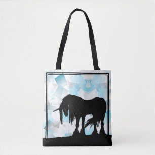 Bolsa Tote Unicórnio místico (quadrados abstrato azuis e bran