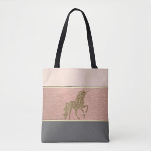 Bolsa Tote Unicórnio Moderno com Listras e Brilho Dourado Fem