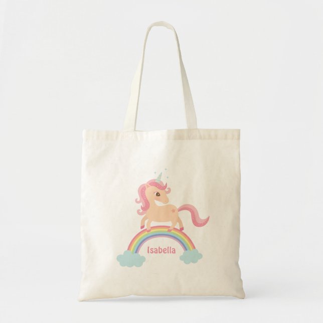 Bolsa Tote Unicórnio Pequeno com Estrela no Arco-Í (Frente)