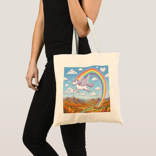 Bolsa Tote Unicórnio Voador de Desenho Animado com Arco-íris (Frente (produto))