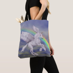 Bolsa Tote Unicórnio Voador Sobre o Arco-íris Fantasia Cavalo