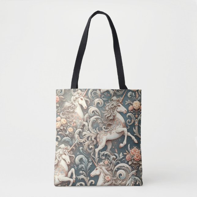 Bolsa Tote Unicórnios Místicos Vitorianos: Floral Encantado (Frente)