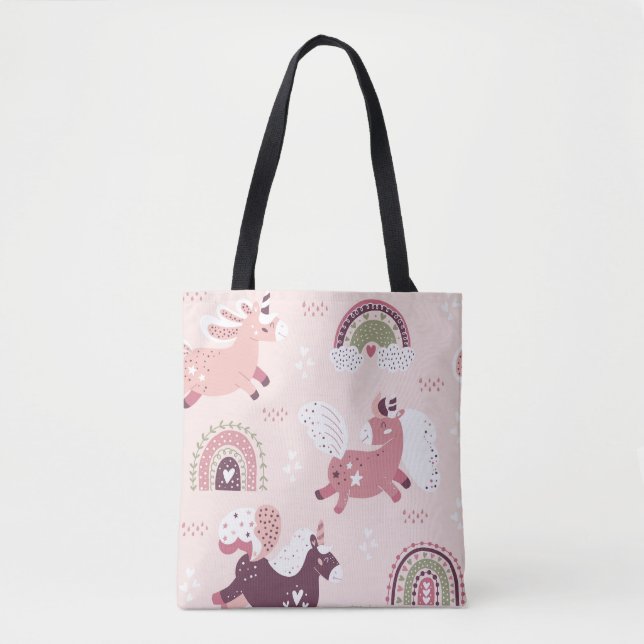 Bolsa Tote Unicorns Rainbows: Fundo Mágico Pastel. (Frente)