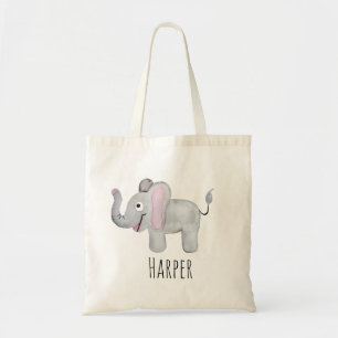Bolsa Tote Unisex Watercolor Baby Elephant Safari e Nome