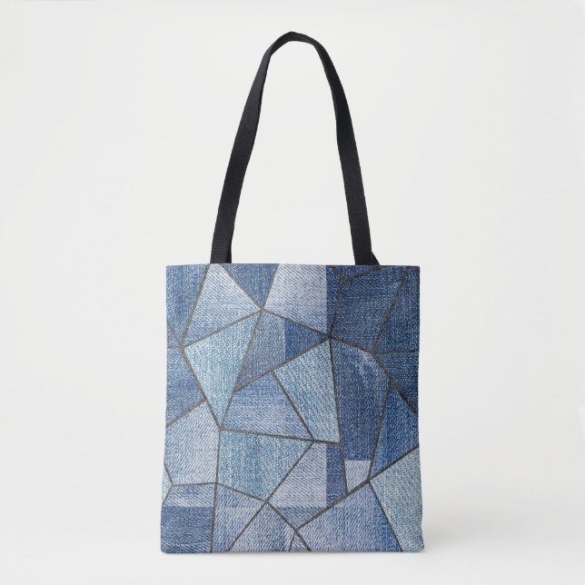 Bolsa Tote Urbano Denim: Design de Patchwork com Distúrbios (Frente)